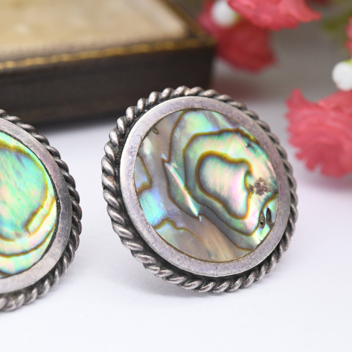 Vintage Sterling Silver Abalone Shell Stud Earrings - Large Statement Studs | Blue Paua Shell | Silver Rope Twist Design