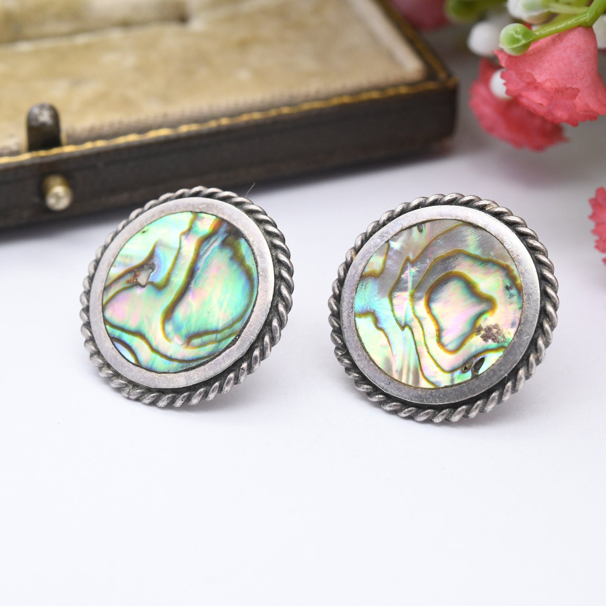 Vintage Sterling Silver Abalone Shell Stud Earrings - Large Statement Studs | Blue Paua Shell | Silver Rope Twist Design