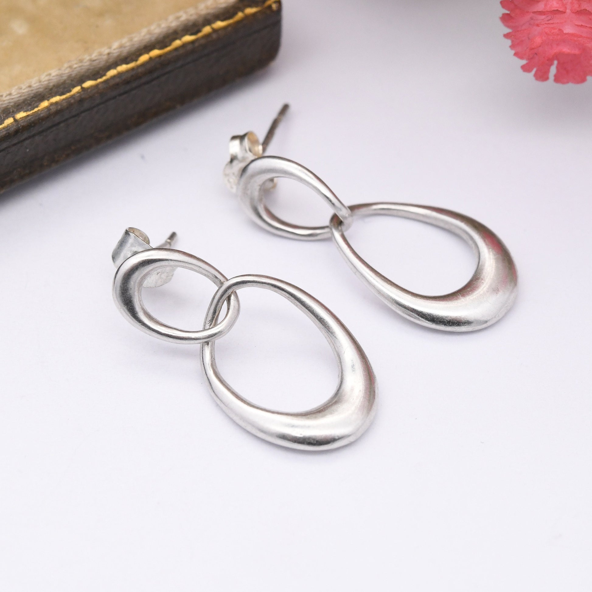 Vintage Sterling Silver Double Hoop Drop Earrings - Minimalist Silver Jewellery