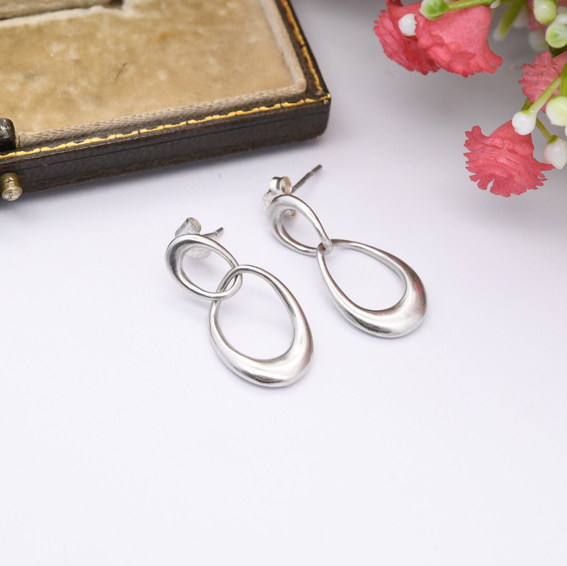 Vintage Sterling Silver Double Hoop Drop Earrings - Minimalist Silver Jewellery