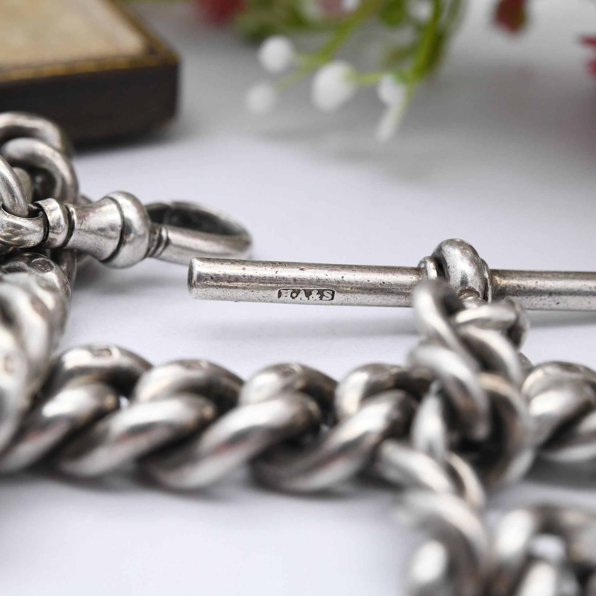 Antique Sterling Silver Albert Chain with Dog Clip and T-Bar 1902 by Henry Allday & Son - Graduated Curb Link | Pocket Watch Chain 12" | 86g