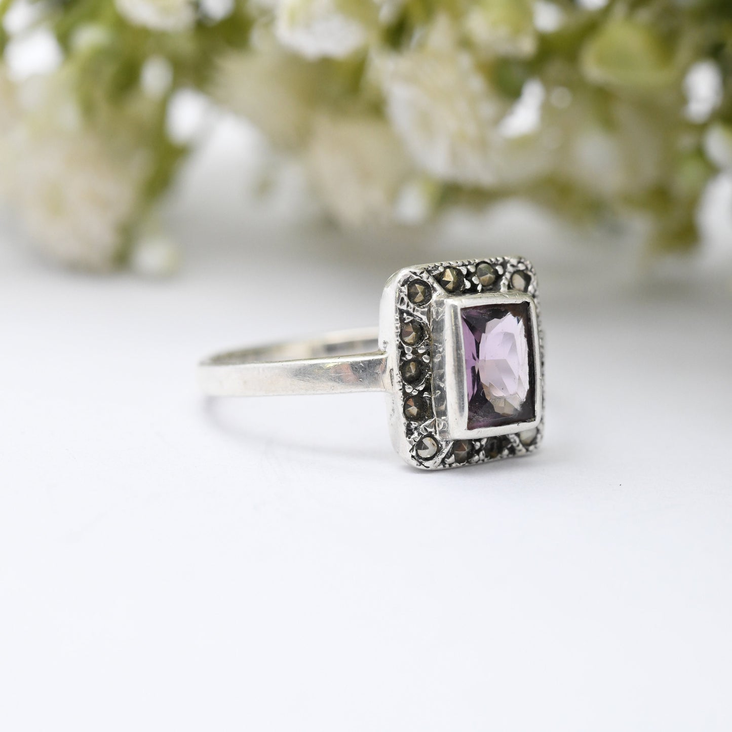 Vintage Sterling Silver Amethyst Marcasite Ring - Art Deco Style Cocktail Ring | UK Size - R 1/2 | US Size - 9