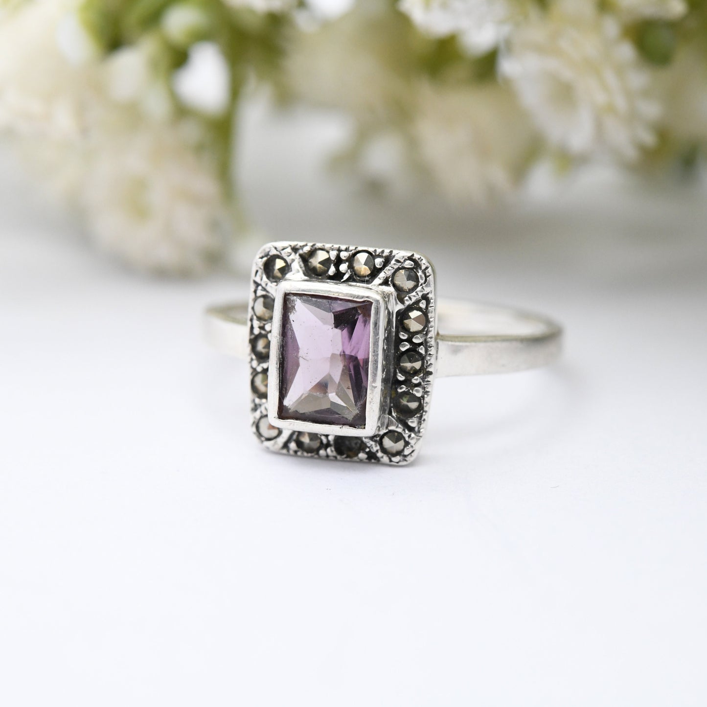 Vintage Sterling Silver Amethyst Marcasite Ring - Art Deco Style Cocktail Ring | UK Size - R 1/2 | US Size - 9