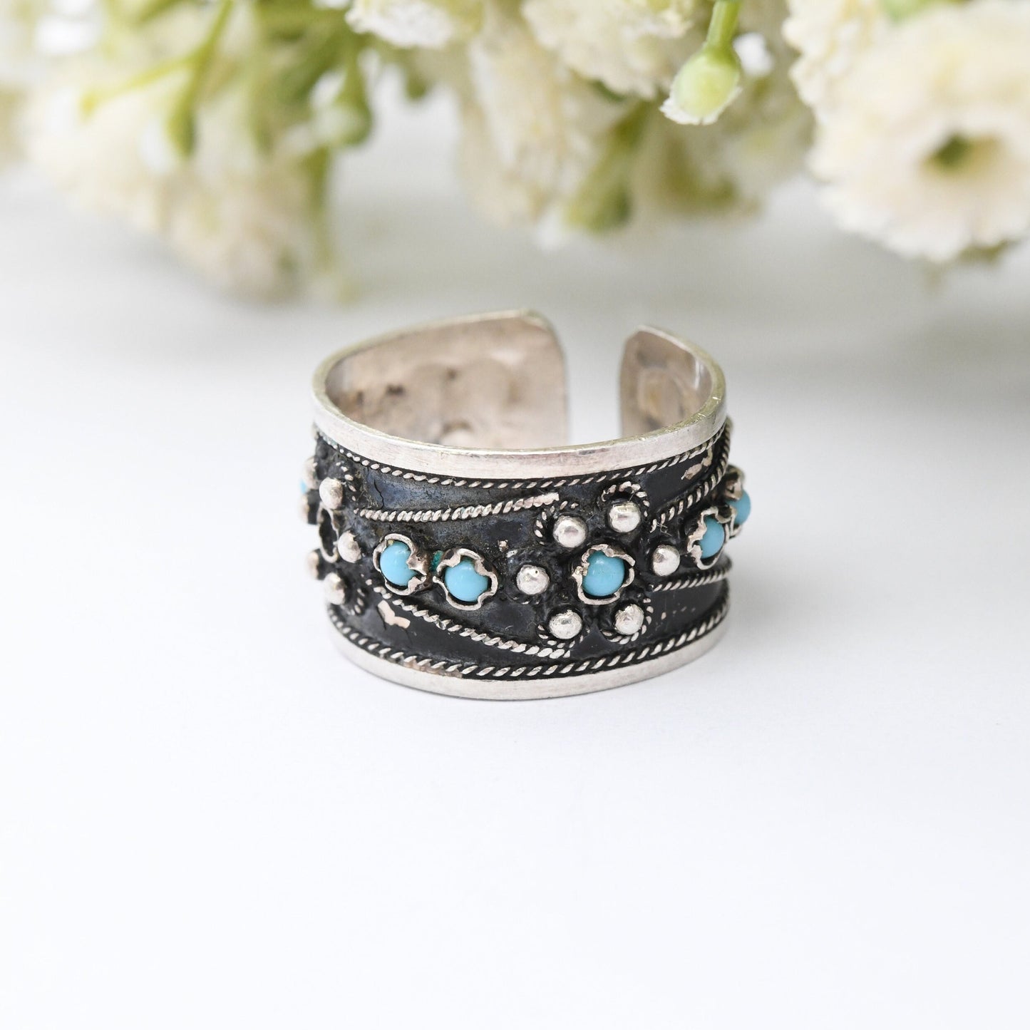 Vintage Indian Silver Ring with Blue Stones - Open Back Adjustable Band | UK Size - Q | US Size - 8