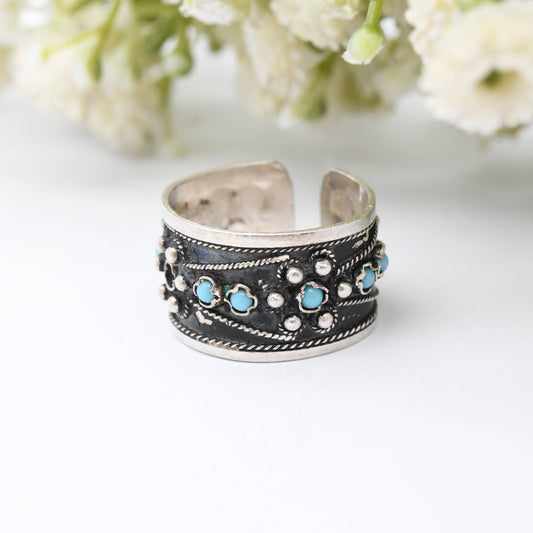 Vintage Indian Silver Ring with Blue Stones - Open Back Adjustable Band | UK Size - Q | US Size - 8