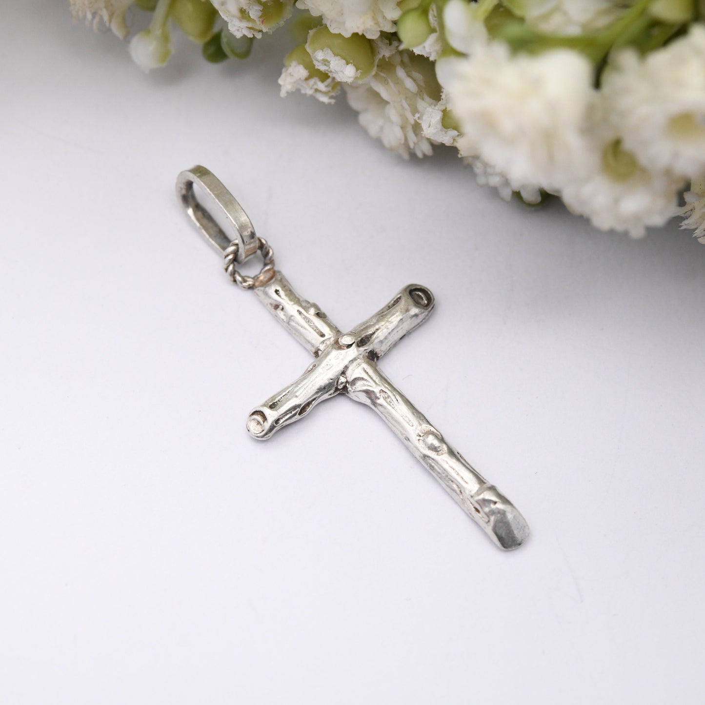 Vintage Silver Wooden Cross - Mid-Century Minimalist Christian Cross