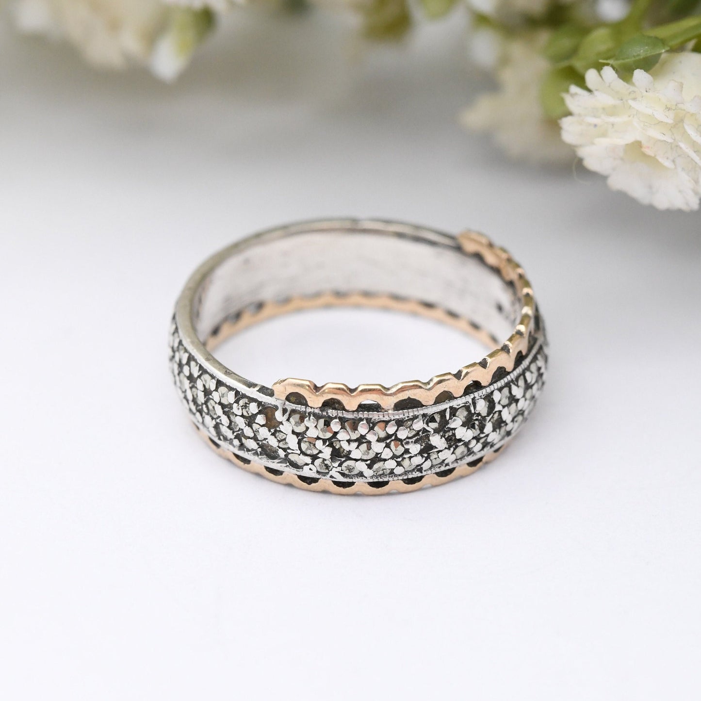 Vintage 9ct Gold & Sterling Silver Marcasite Eternity Ring - Mid-Century Statement Band | UK Size - R 1/2 | US Size - 8 3/4