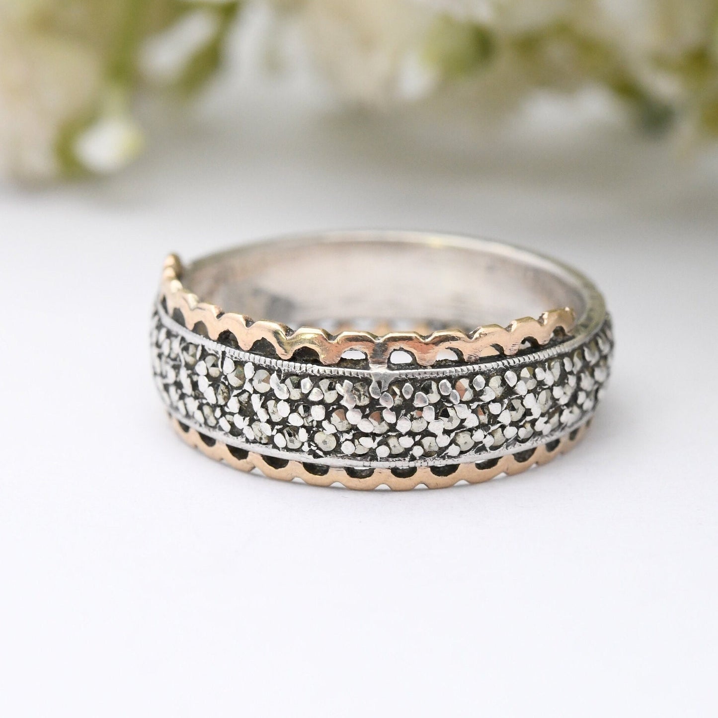 Vintage 9ct Gold & Sterling Silver Marcasite Eternity Ring - Mid-Century Statement Band | UK Size - R 1/2 | US Size - 8 3/4