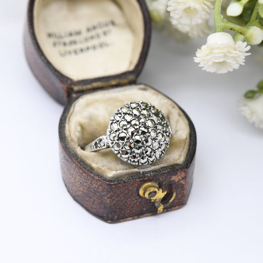 Vintage Sterling Silver Marcasite Boule Ring - Cluster Cocktail Ring | Art Deco Style | UK Size - O 1/2 | US Size - 7 1/2