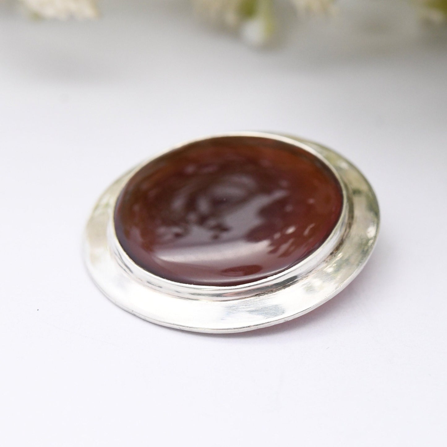 Vintage Sterling Silver Brooch with Carnelian - Red Gemstone | Modernist Porthole Shape