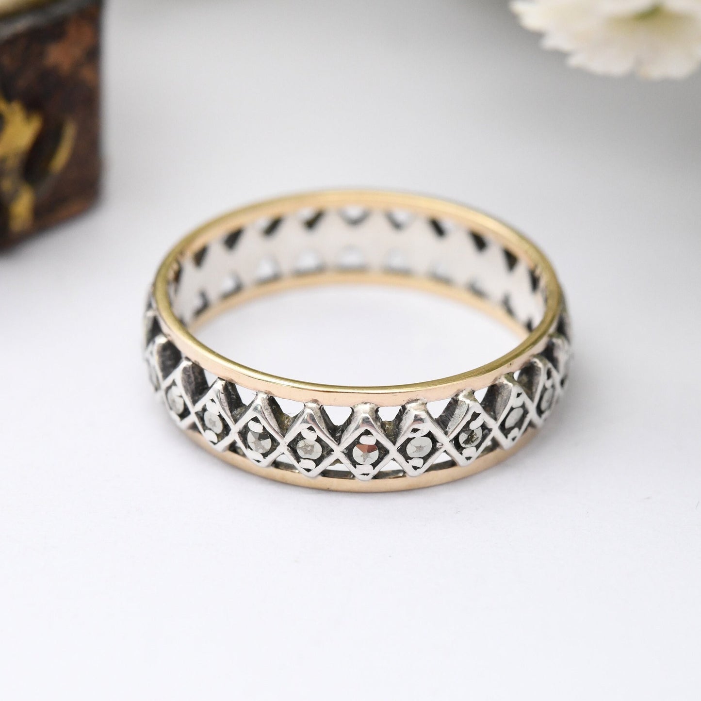 Vintage 9ct Gold & Sterling Silver Marcasite Eternity Ring - Unusual Sparkly Band | UK Size - O | US Size - 7 1/4