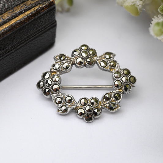 Vintage Sterling Silver Marcasite Floral Wreath Brooch - Sparkly Silver Jewellery