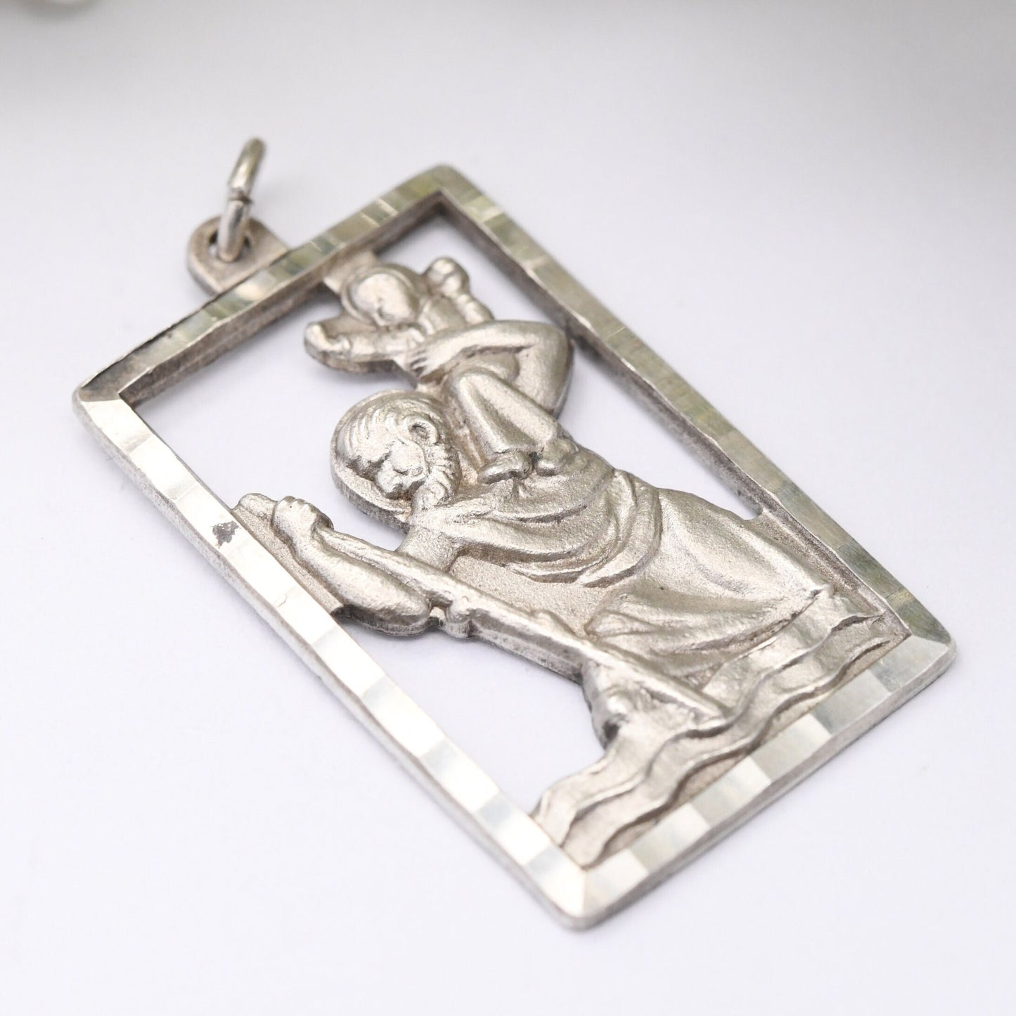 Vintage Sterling Silver St. Christopher Pendant - Openwork Cut Out Rectangle | Mid-Century