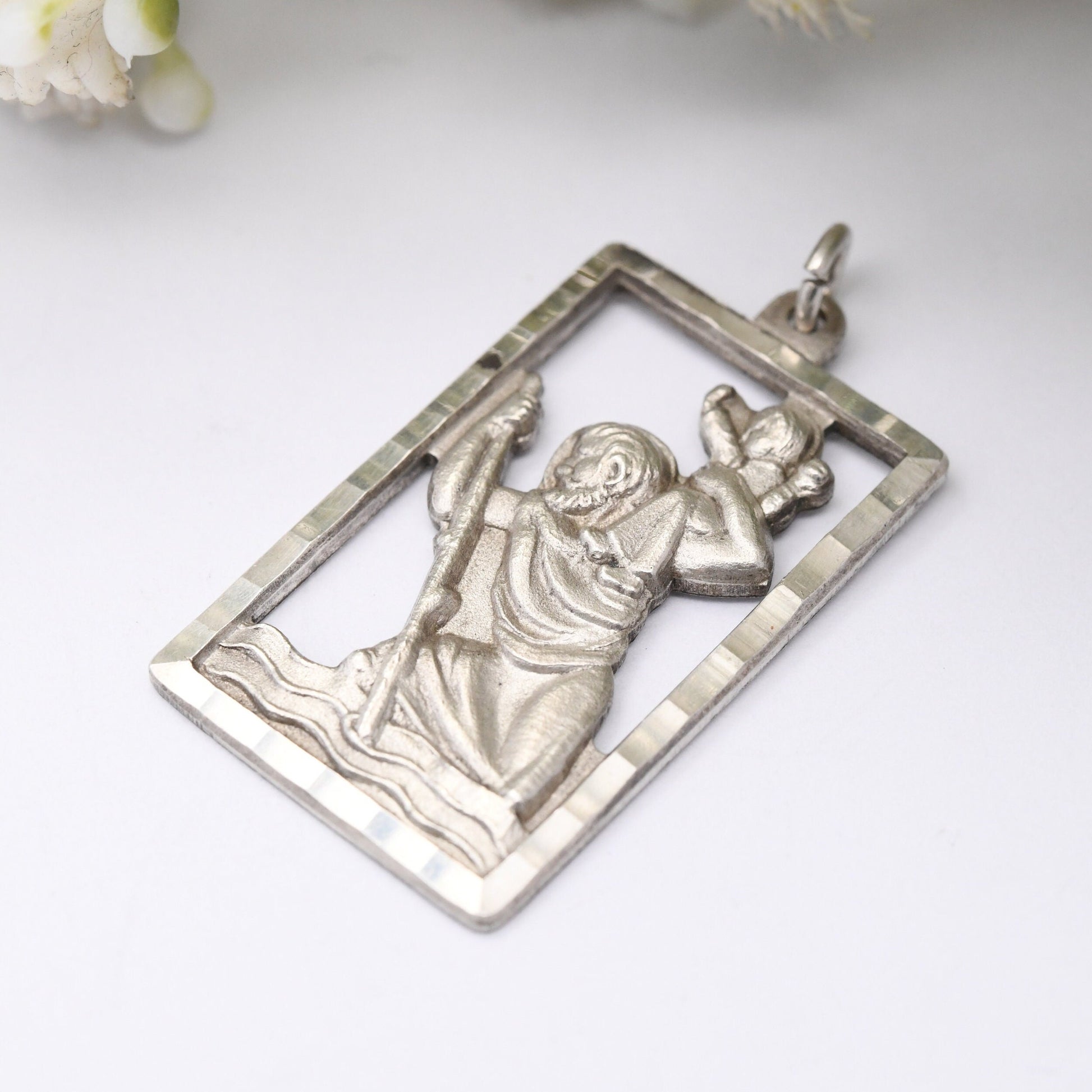 Vintage Sterling Silver St. Christopher Pendant - Openwork Cut Out Rectangle | Mid-Century