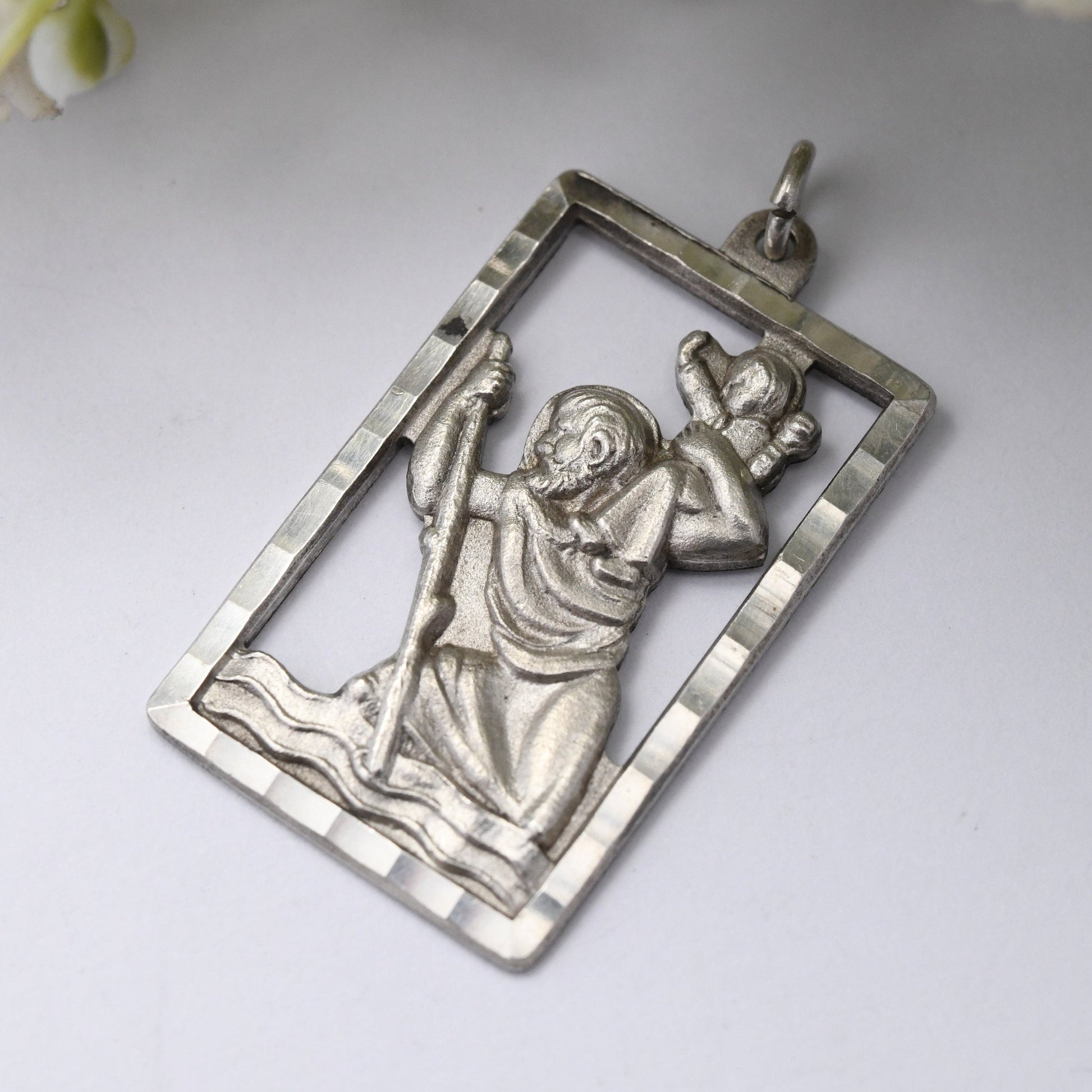 Vintage Sterling Silver St. Christopher Pendant - Openwork Cut Out Rectangle | Mid-Century