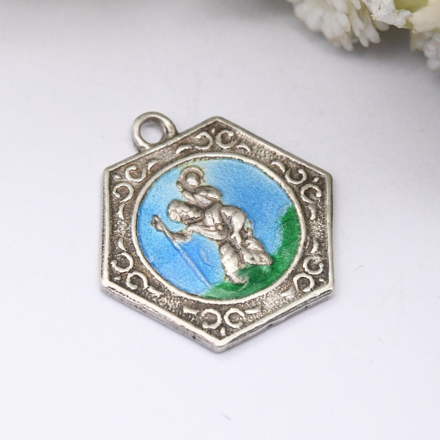 Vintage Sterling Silver St. Christopher Charm Pendant with Enamel - Blue and Green | Hexagonal Shape