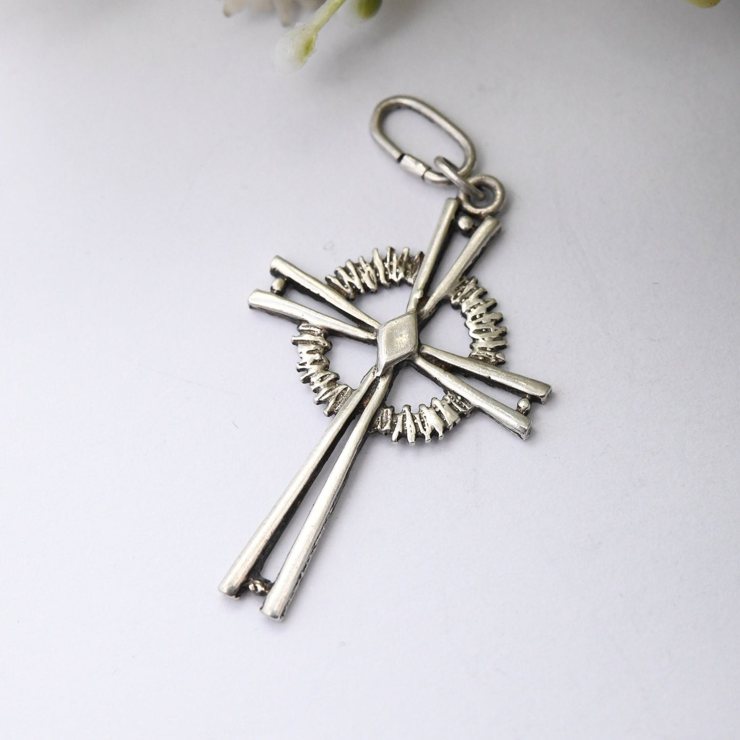 Vintage Sterling Silver Cross Pendant - Mid-Century Hooped Cross | Silver Christian Gift