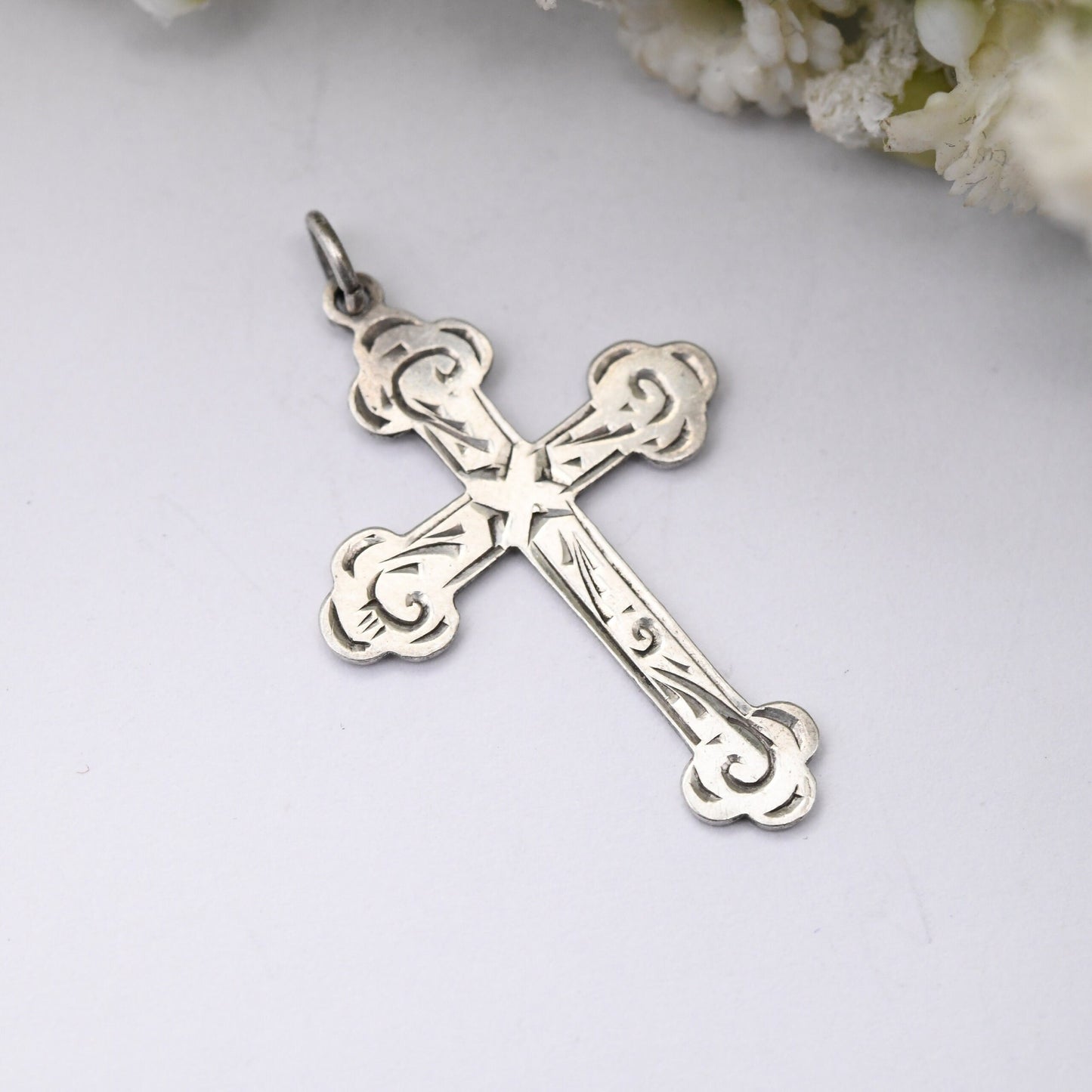 Vintage Sterling Silver Cross Pendant with Engraved Scrolling Pattern AJH