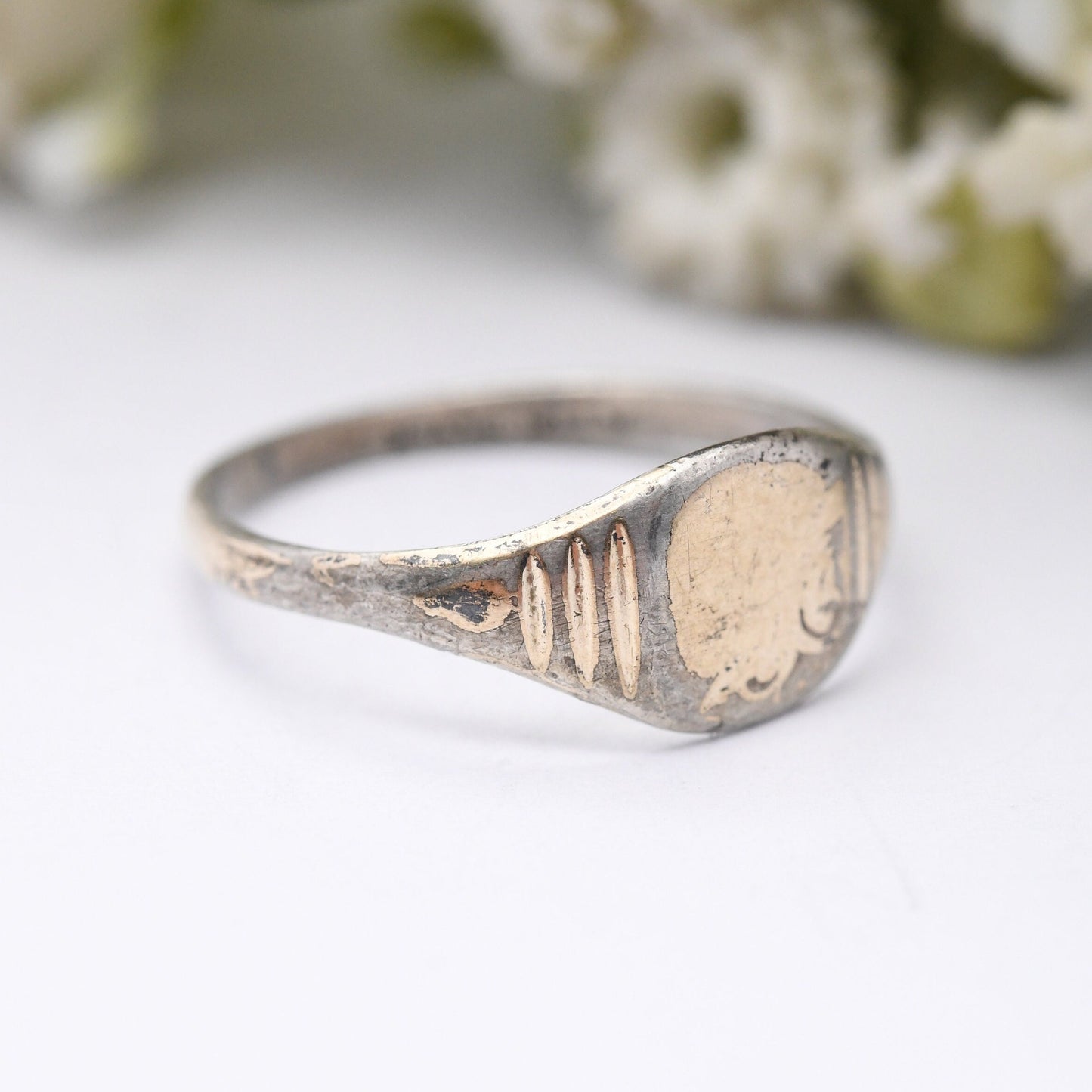 Vintage 9ct Gold Plated Sterling Silver Signet Ring - Lightly Engraved | Gift for Him | UK Size - N | US Size - 6 3/4