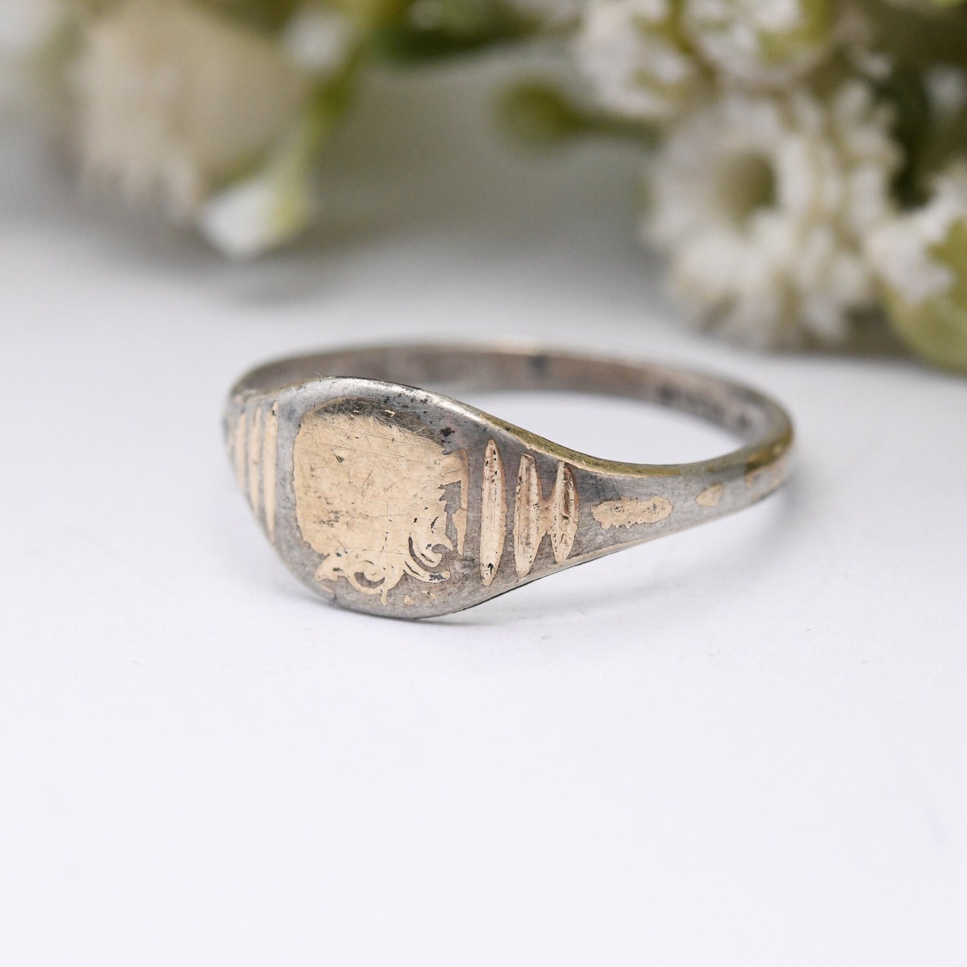 Vintage 9ct Gold Plated Sterling Silver Signet Ring - Lightly Engraved | Gift for Him | UK Size - N | US Size - 6 3/4