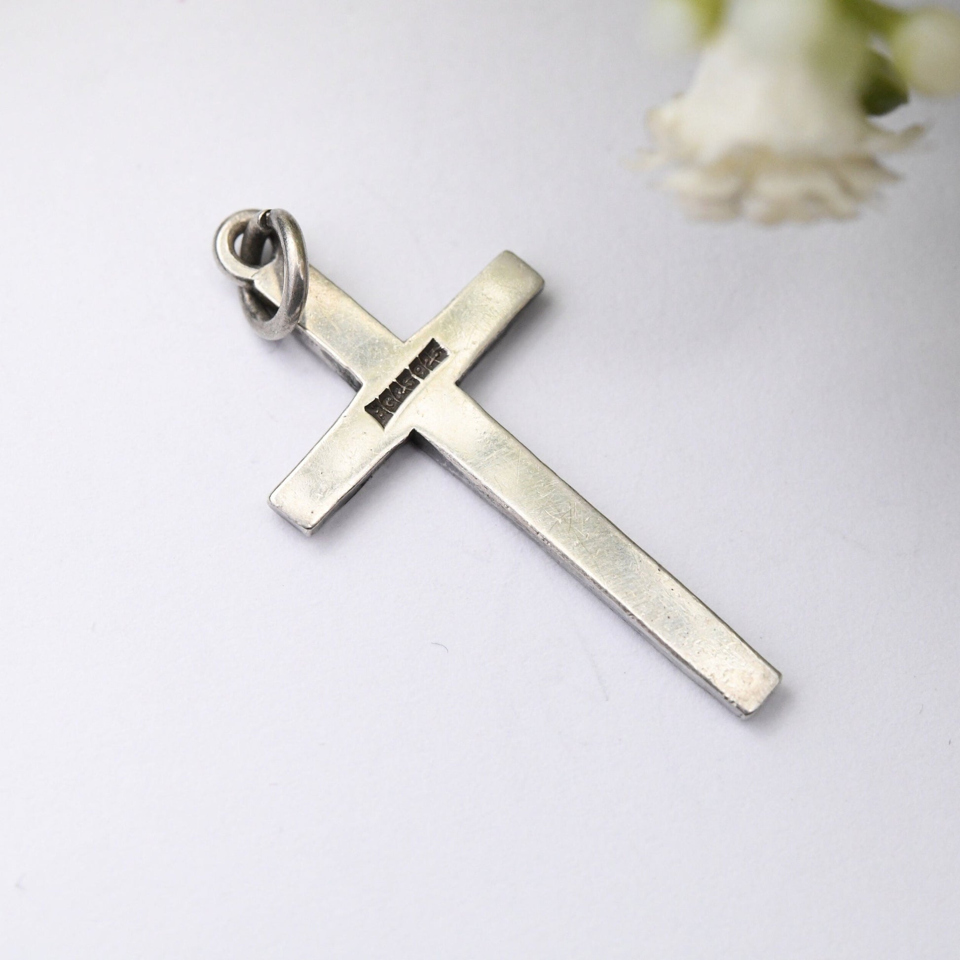 Vintage Sterling Silver Cross Pendant with Diamond Cut Star Design Mid-Century