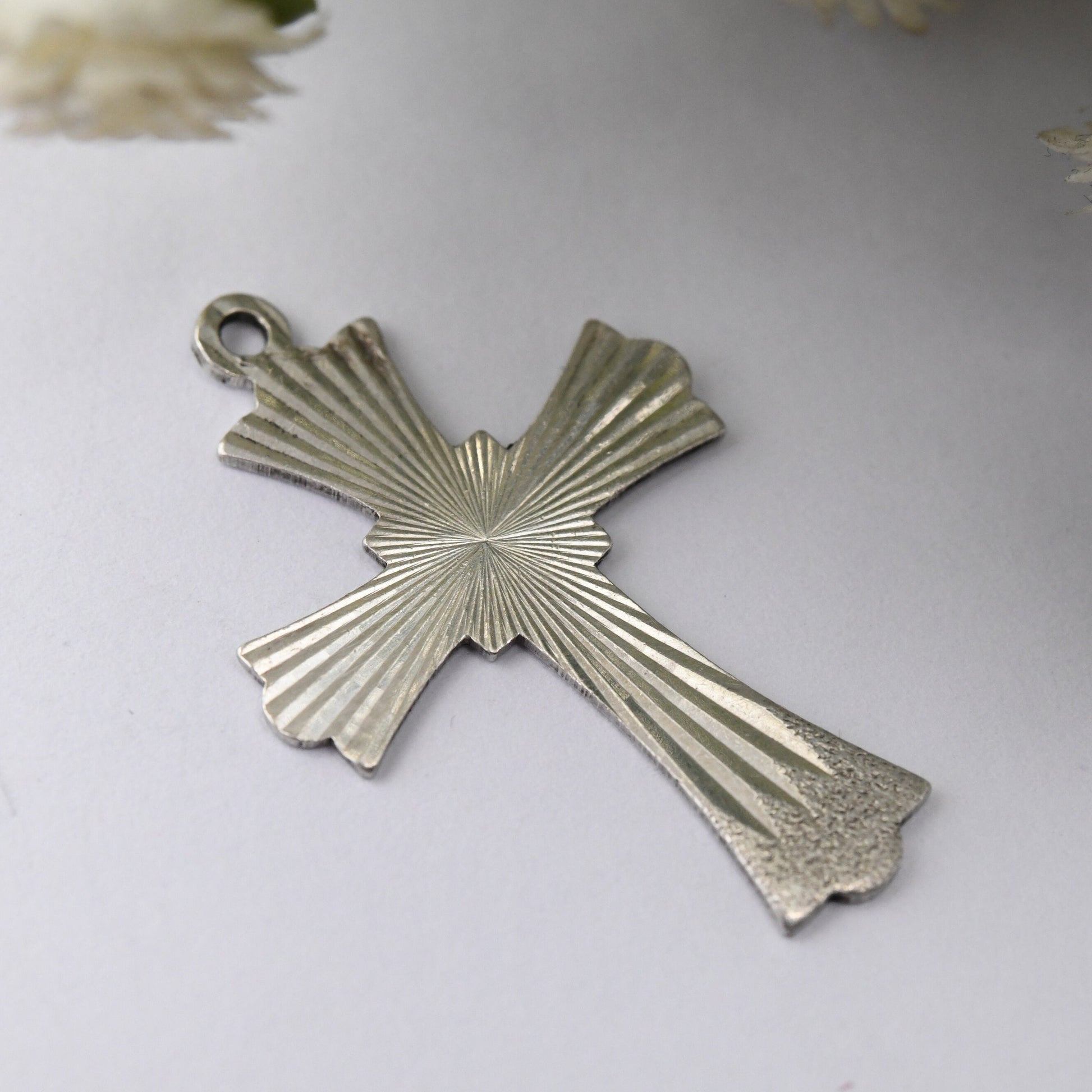 Vintage Sterling Silver Cross Pendant Engraved Star Design Mid-Century