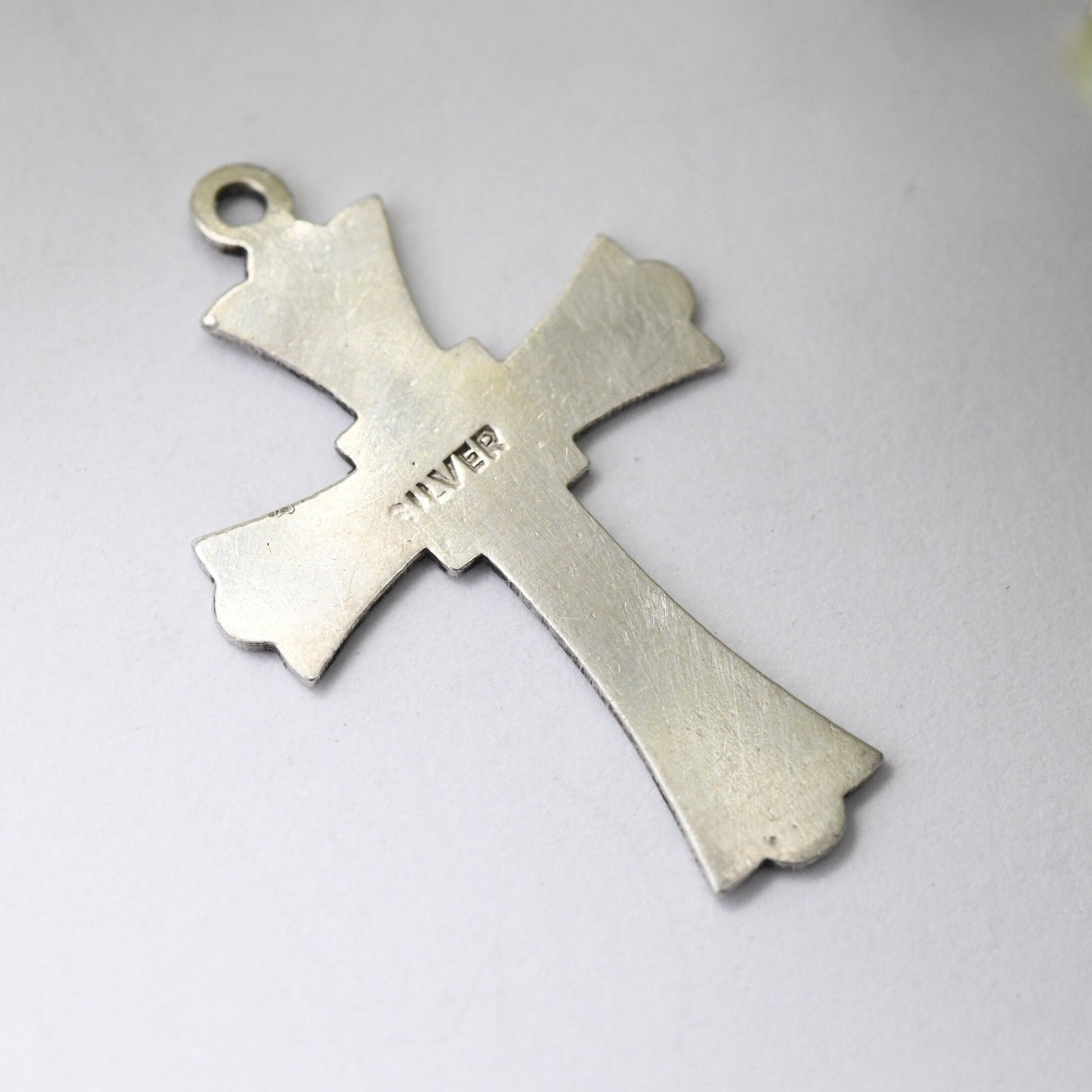 Vintage Sterling Silver Cross Pendant Engraved Star Design Mid-Century