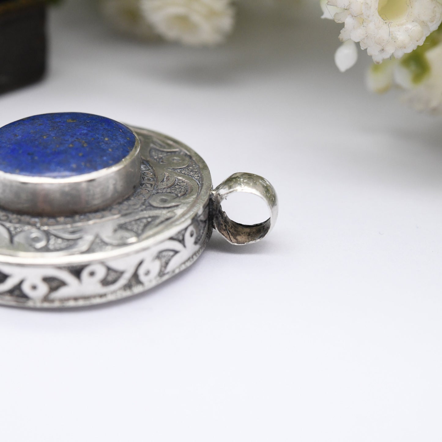 Vintage Sterling Silver Lapis Lazuli Pendant with Engraved Design - Blue and Gold Gemstone | Handmade Chunky Silver Jewellery