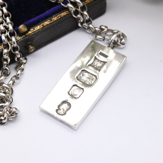 Vintage Sterling Silver Ingot Pendant 1977 with Queen Elizabeth II Silver Jubilee Stamp - Birmingham Hallmark | Mid-Century Necklace