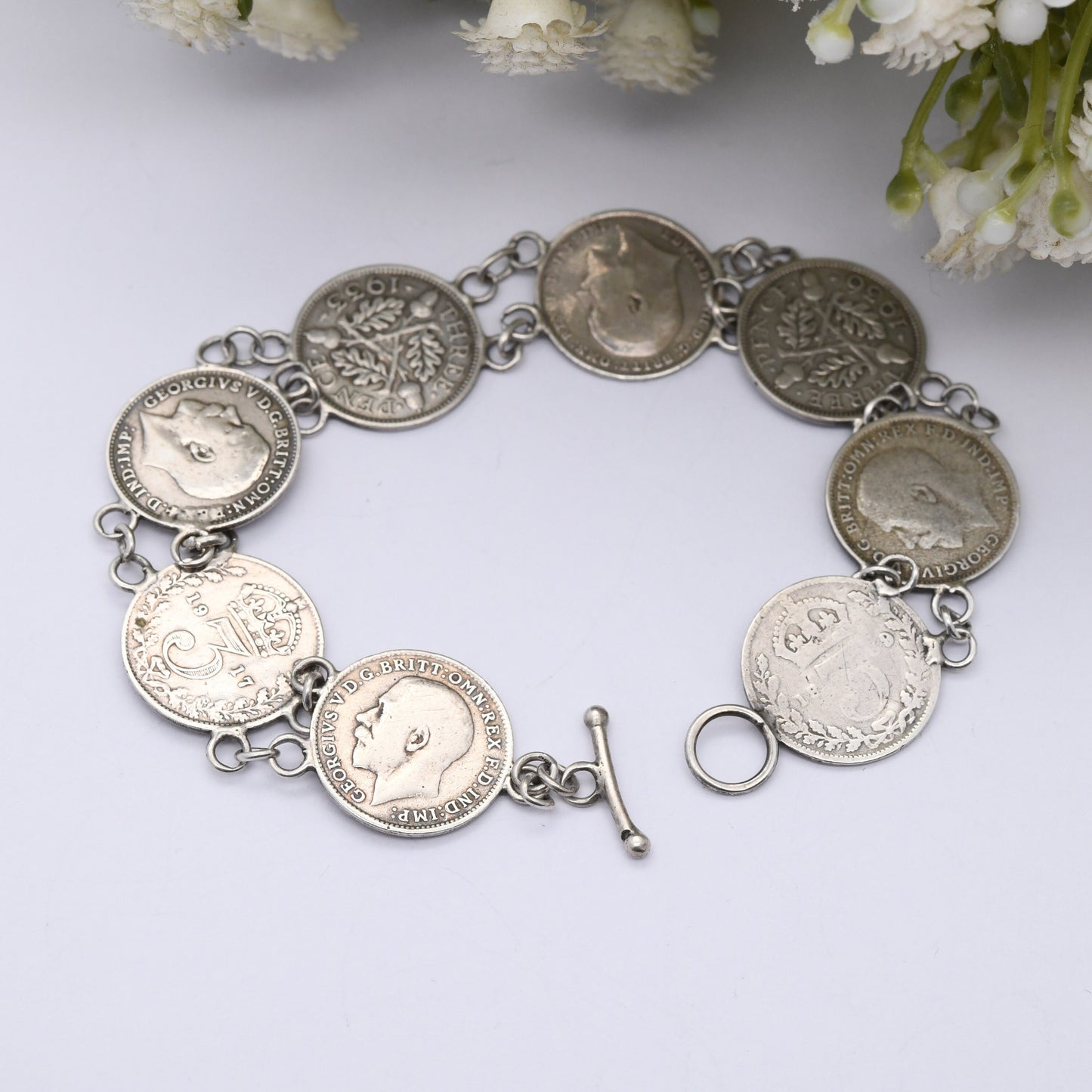 Antique Sterling Silver Threepence Coin Bracelet - Victoria 1906 Edward VII 1917 George V | Silver Coin Jewellery | Toggle Clasp