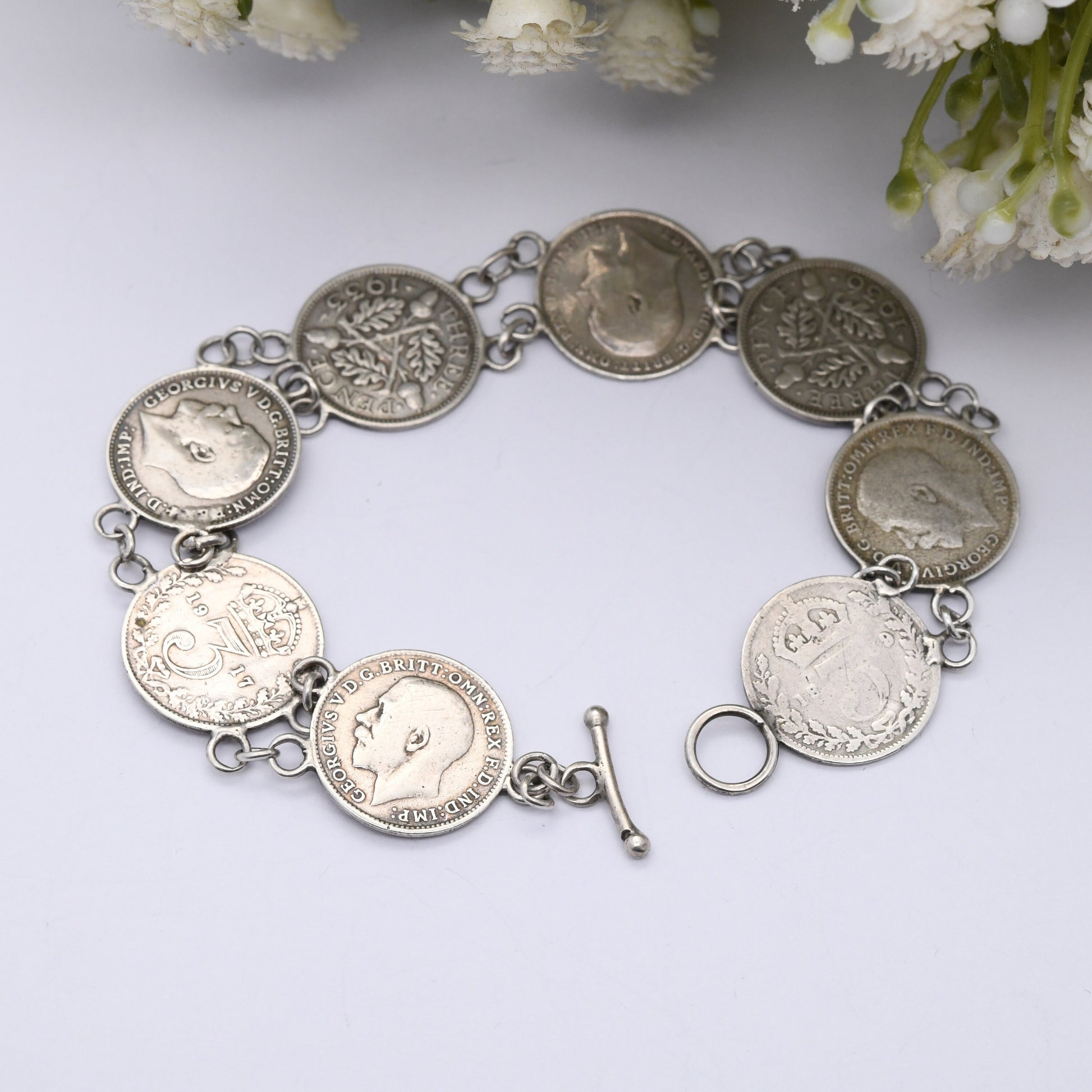 Antique Sterling Silver Threepence Coin Bracelet - Victoria 1906 Edward VII 1917 George V | Silver Coin Jewellery | Toggle Clasp
