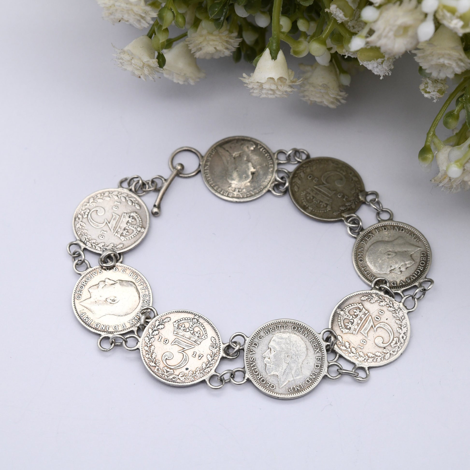 Antique Sterling Silver Threepence Coin Bracelet - Victoria 1906 Edward VII 1917 George V | Silver Coin Jewellery | Toggle Clasp