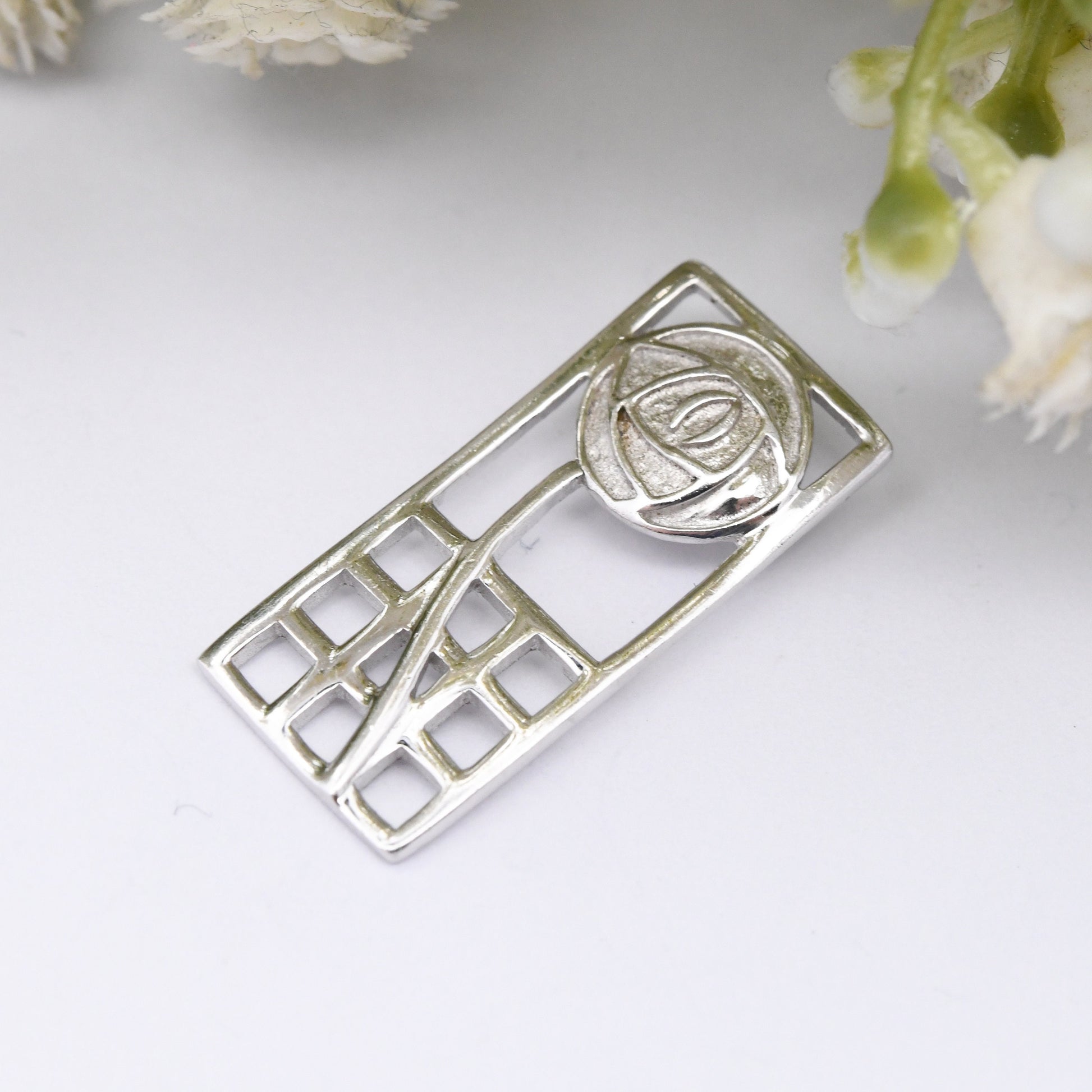 Vintage Sterling Silver Glasgow Rose Flower Openwork Pendant - Celtic Charles Rennie Mackintosh Style