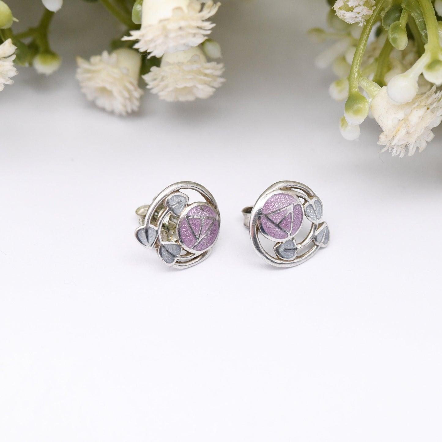 Vintage Fish Sterling Silver Enamel Stud Earrings with Glasgow Rose Design - Purple Celtic Flower