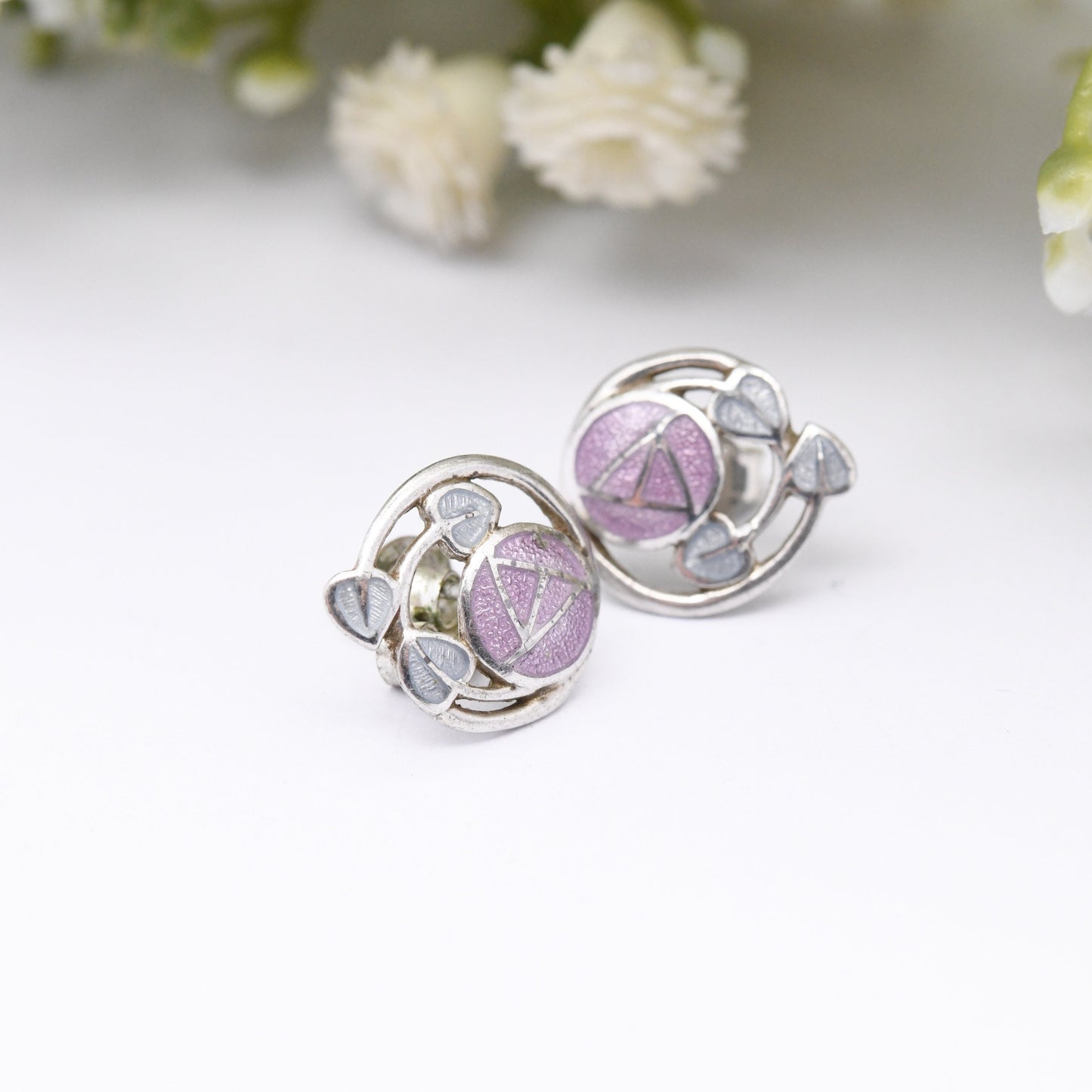 Vintage Fish Sterling Silver Enamel Stud Earrings with Glasgow Rose Design - Purple Celtic Flower