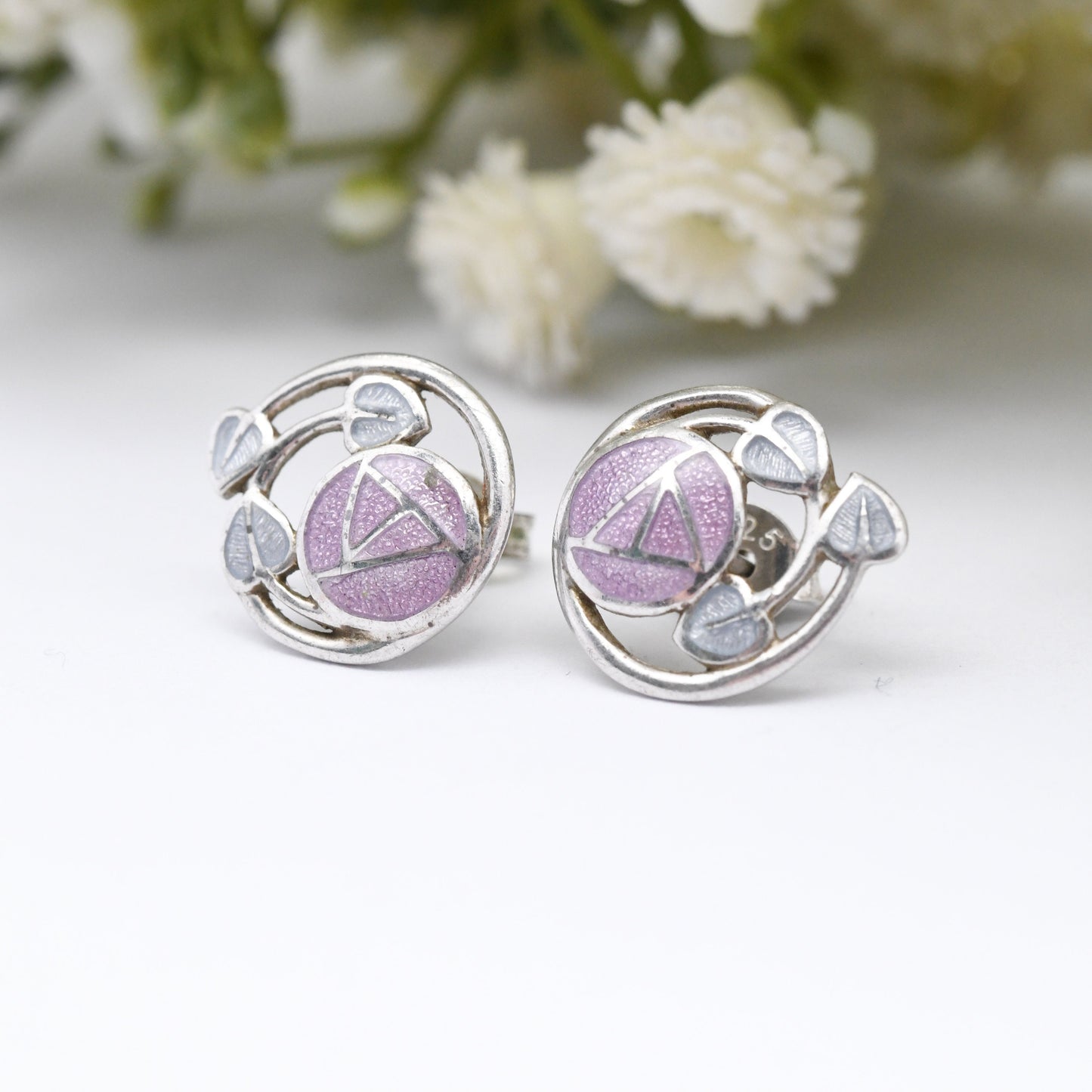 Vintage Fish Sterling Silver Enamel Stud Earrings with Glasgow Rose Design - Purple Celtic Flower