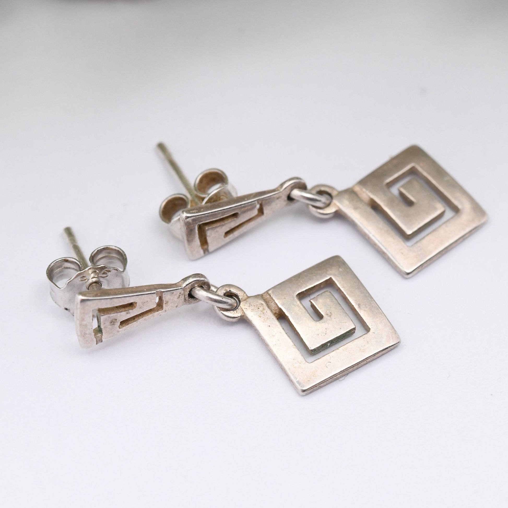 Vintage Sterling Silver Meander Drop Earrings - Openwork Greek Key Maze Design