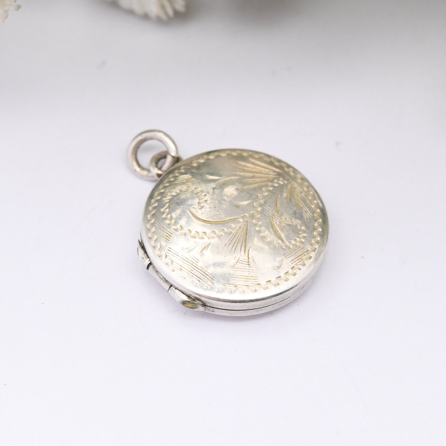 Vintage Sterling Silver Locket Pendant with Engraved Floral Design - Miniature Locket | Small Circle Shape