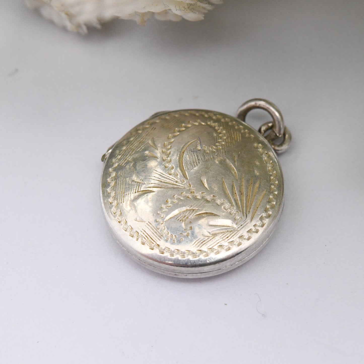 Vintage Sterling Silver Locket Pendant with Engraved Floral Design - Miniature Locket | Small Circle Shape