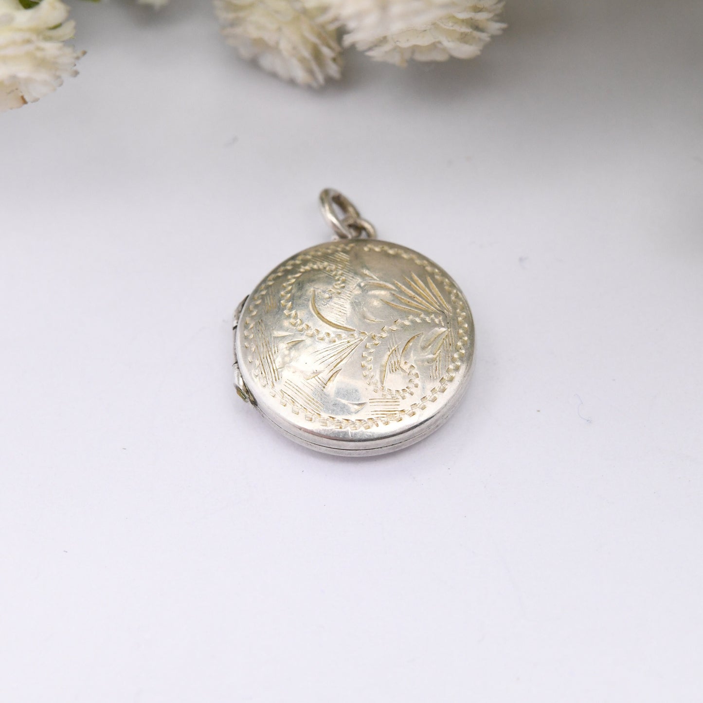 Vintage Sterling Silver Locket Pendant with Engraved Floral Design - Miniature Locket | Small Circle Shape