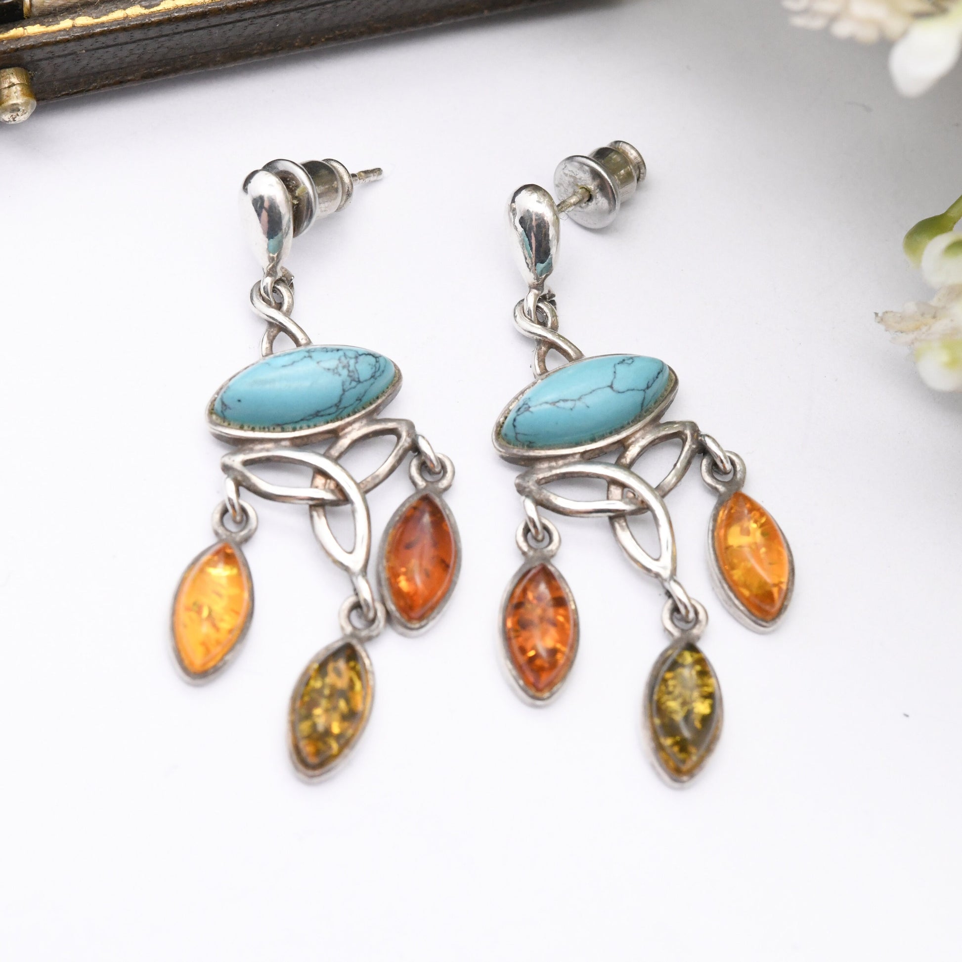 Sterling Silver Amber Dangle Drop Earrings with Triquetra - Mixed Colours Cognac Honey Copal