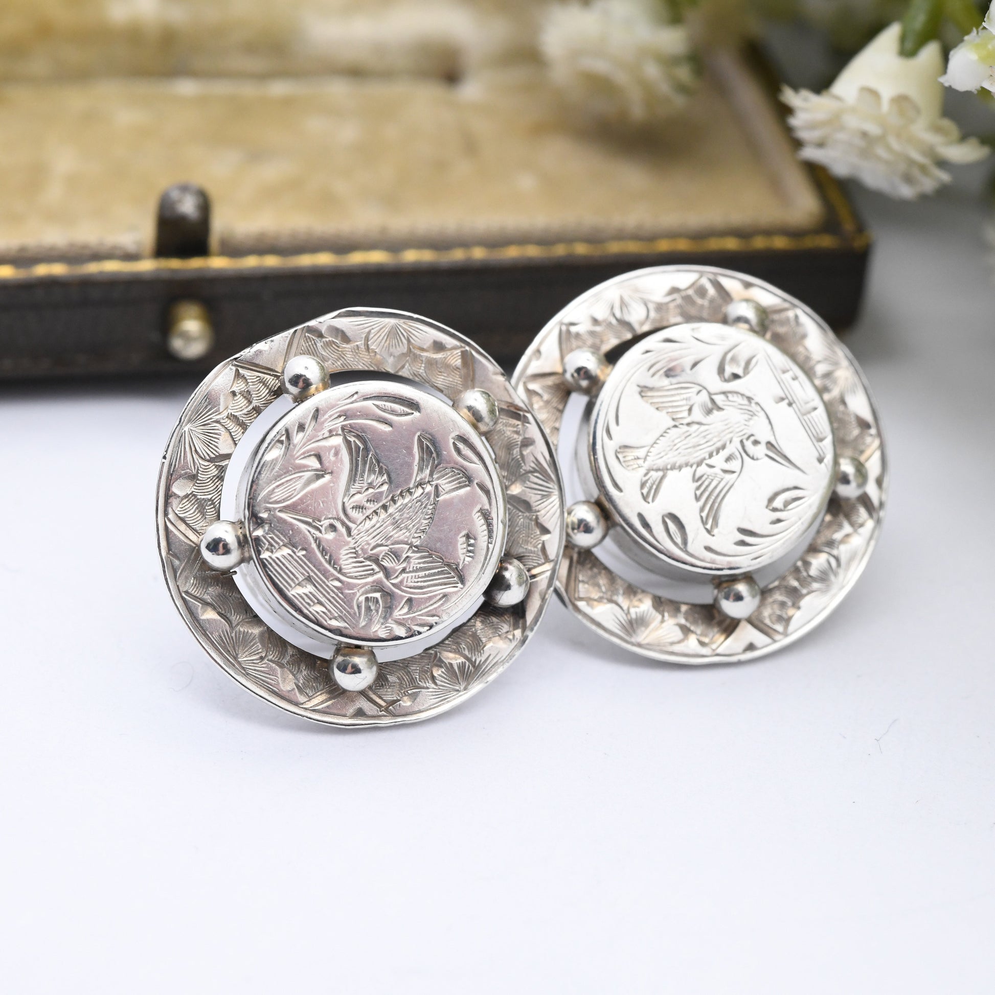 Antique Victorian Aesthetic Movement Silver Earrings with Hand Engraved Bird Design - Swallow Jewellery | Antique Button Conversion Earrings