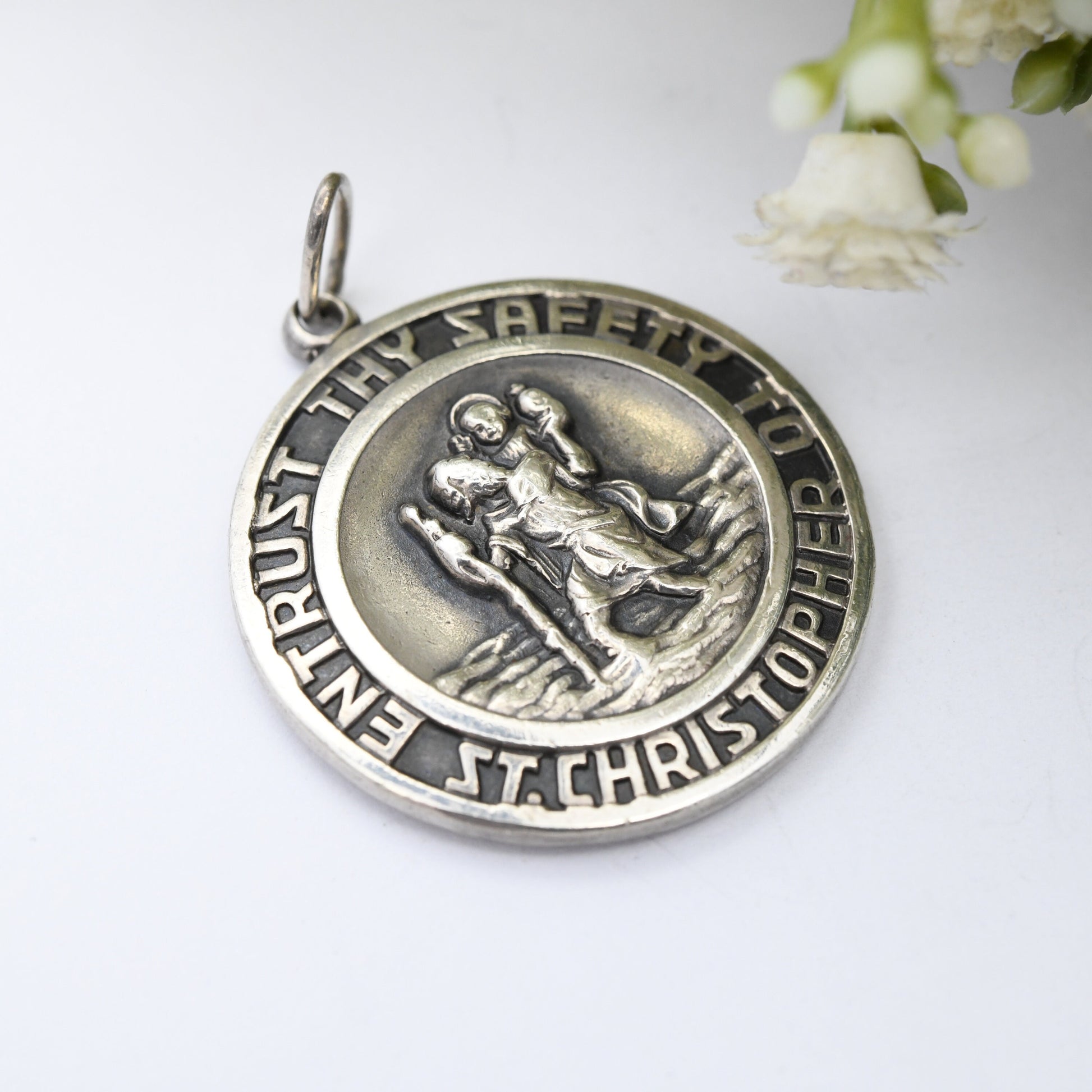 Vintage Georg Jensen Sterling Silver St. Christopher Pendant 1968 - Large Detailed Circle | Entrust Thy Safety to St Christopher Protect Us