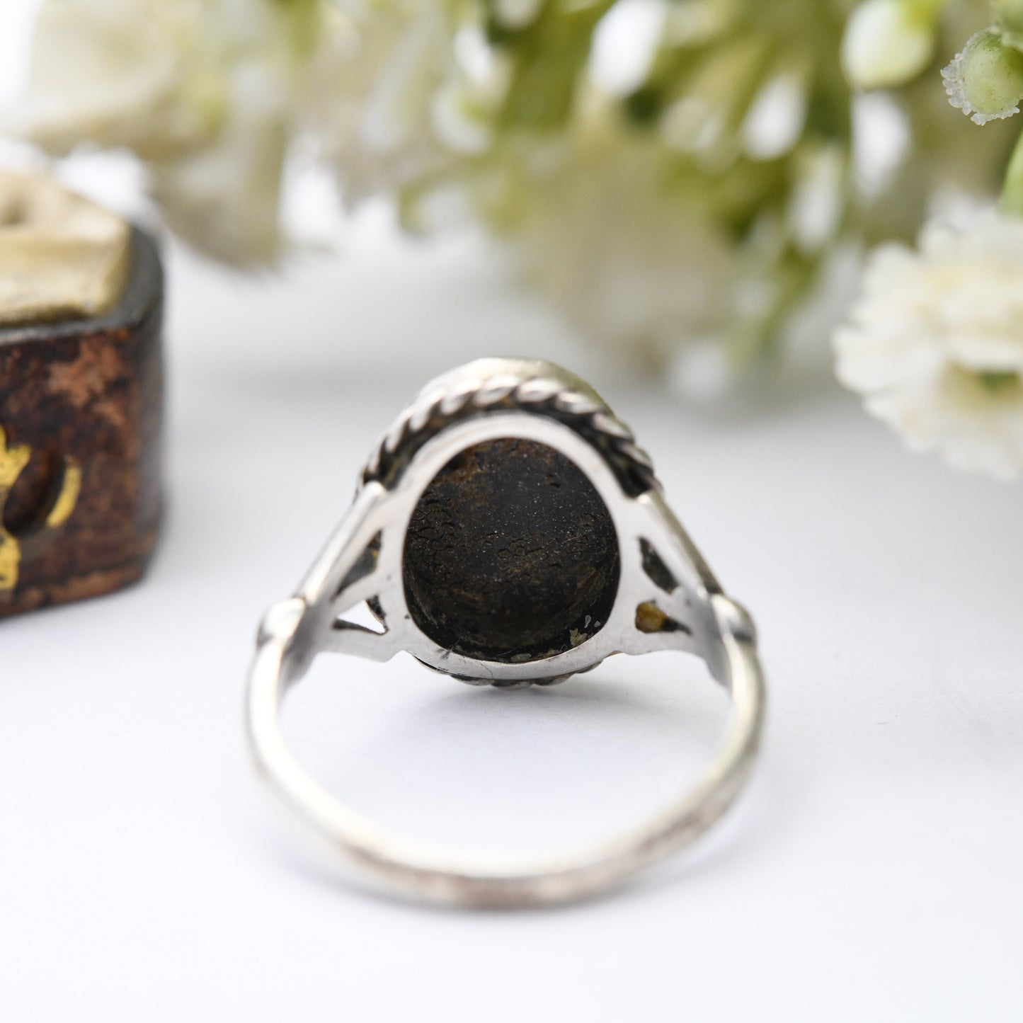 Vintage Sterling Silver Faceted Hematite Ring - Black Gemstone | Mid-Century Rope Twist Ring | UK Size - K 1/2 | US Size - 5 1/2