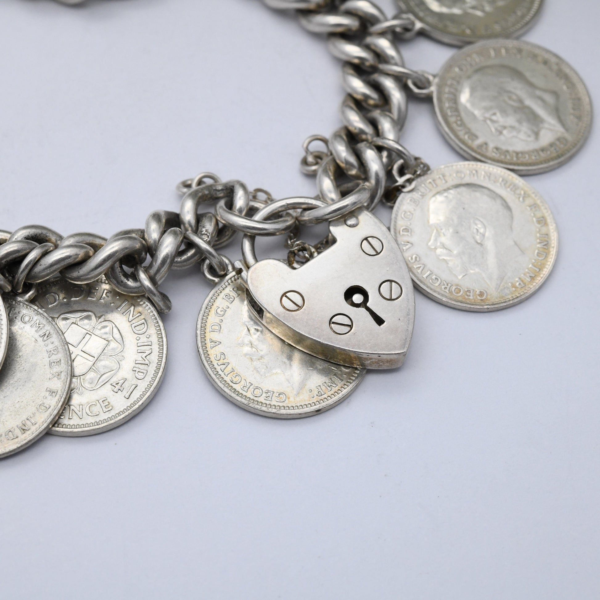 Vintage Silver Threepence Coin Charm Bracelet 1967 - 1886 Victoria 1908 Edward VII 1918 George V Curb Link | Heart Padlock Clasp | English