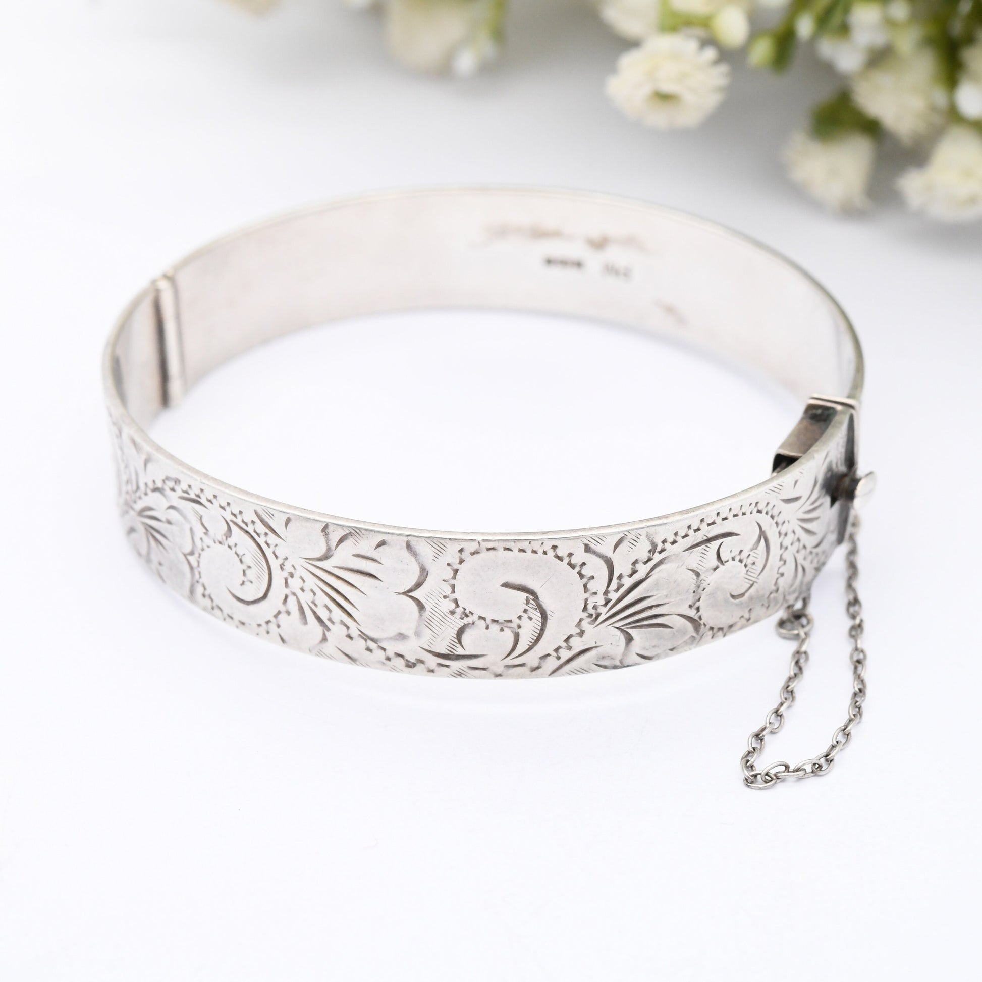 Vintage Sterling Silver Bangle Bracelet 1976 with Scrolling Design PM - Floral Chunky Silver Jewellery | with Safety Chain