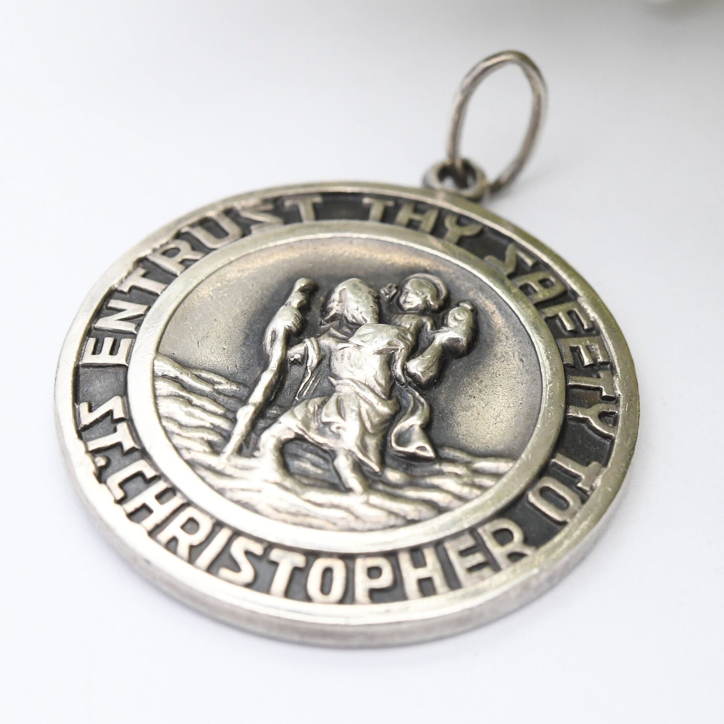 Vintage Georg Jensen Sterling Silver St. Christopher Pendant 1968 - Large Detailed Circle | Entrust Thy Safety to St Christopher Protect Us