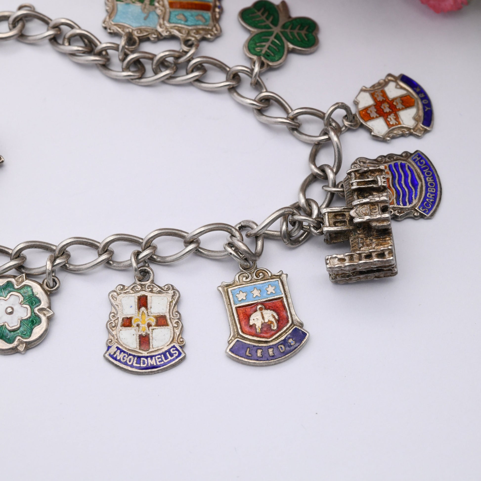 Vintage Sterling Silver Charm Bracelet with Shield Travel Charms - Aquarius Leeds York Houses of Parliament | Curb Links | Starter Charm Set