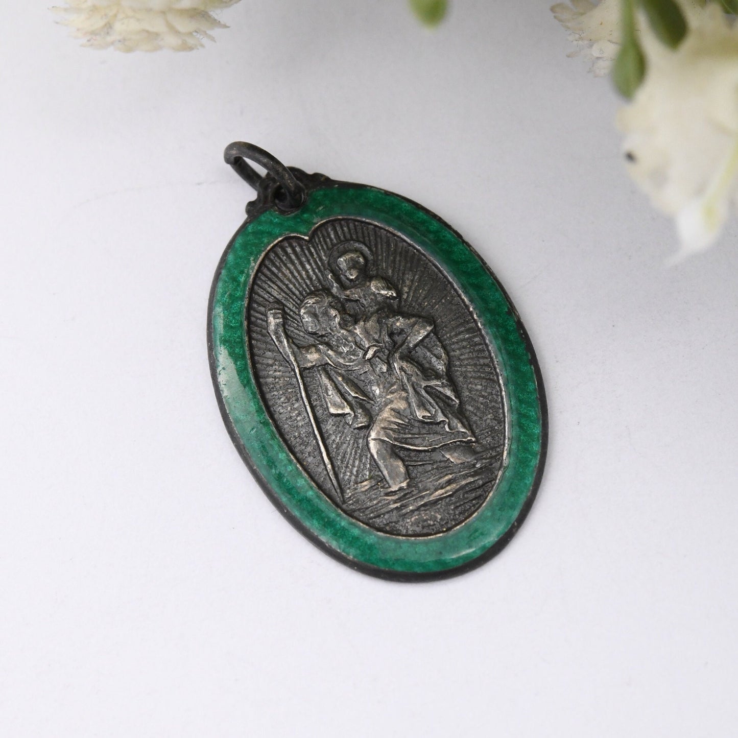 Vintage Sterling Silver St. Christopher Pendant with Green Enamel Guilloche Border