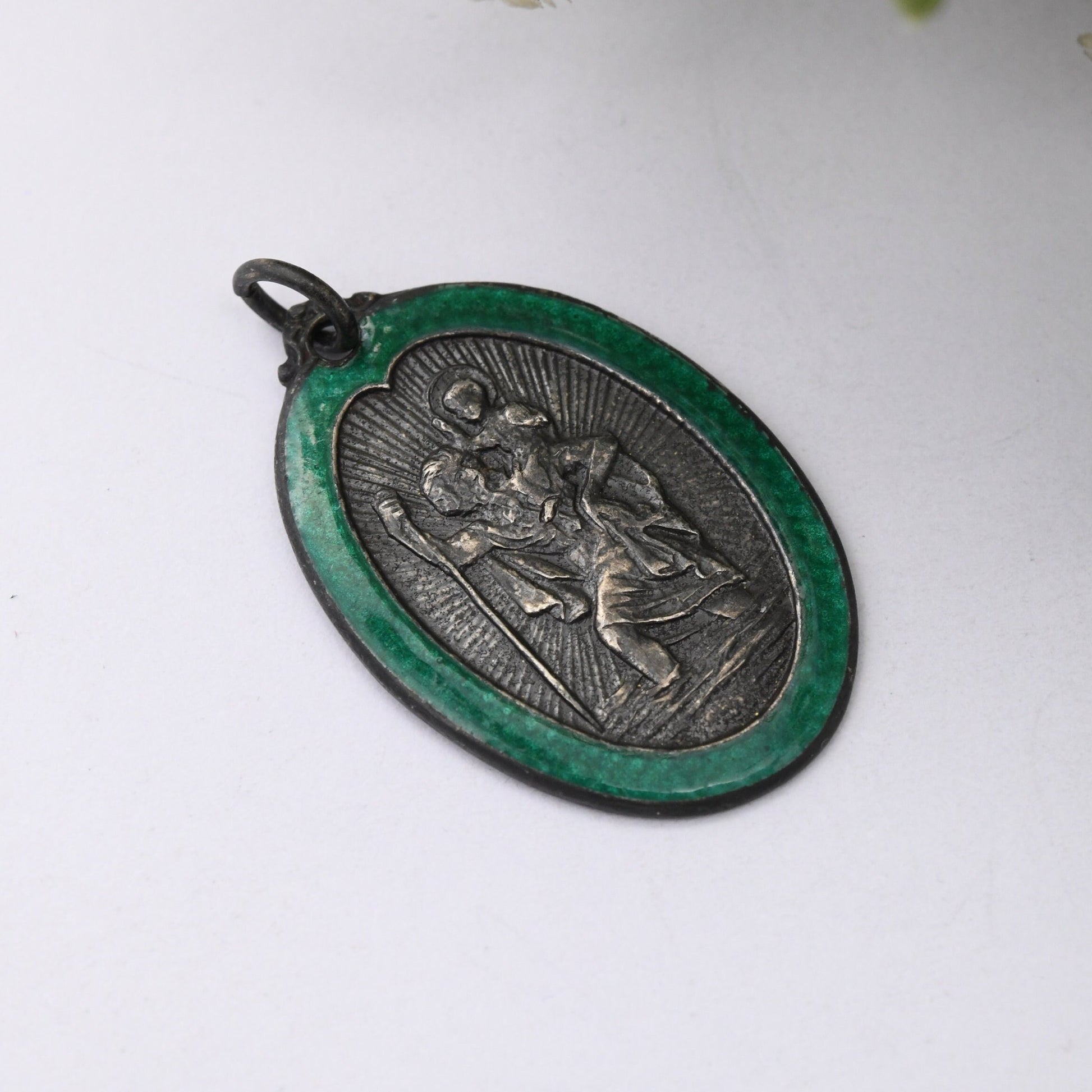 Vintage Sterling Silver St. Christopher Pendant with Green Enamel Guilloche Border